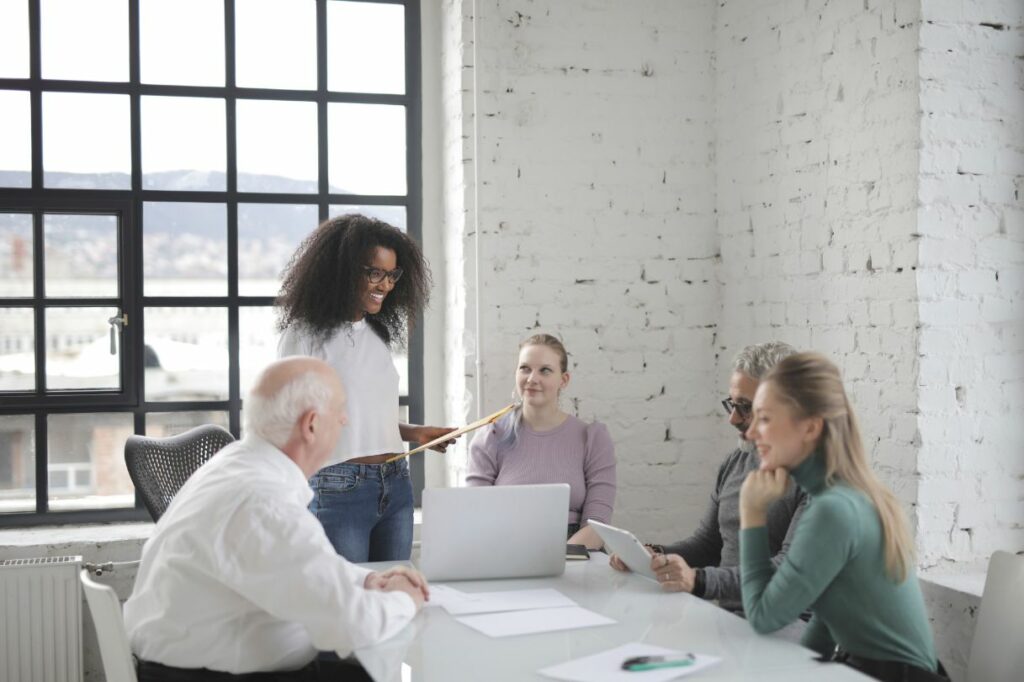 Team meeting in a modern office.